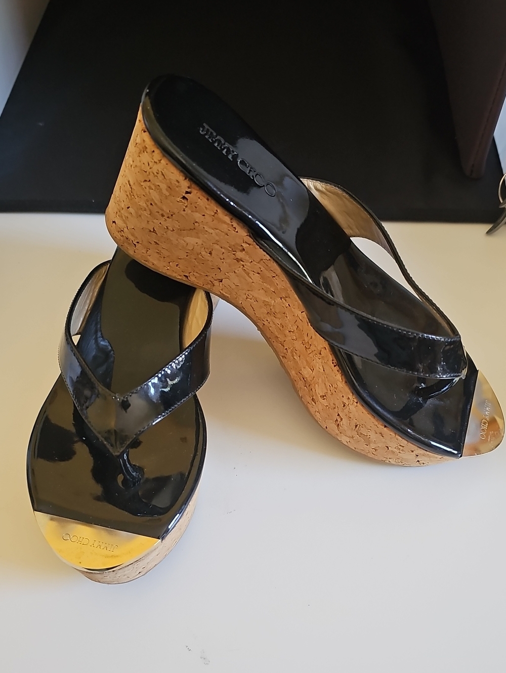 Jimmy Choo Black Patent Leather Slides Crossover Straps Cork Wedge Sandals S38.5